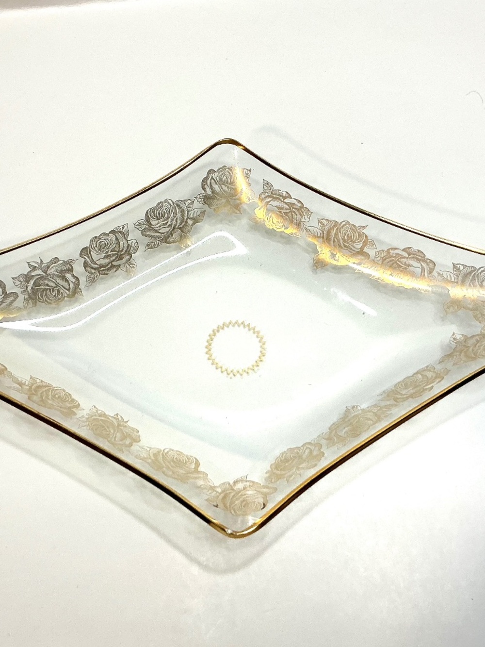 Clear Glass Diamond Candy Dish Floral Pattern Gold Rim 9in x 5in